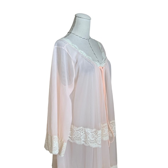 Vintage 60s Intime Pink Robe Peignoir Double Chiffon Nylon Lace Lingerie Glamour - Picture 8 of 10